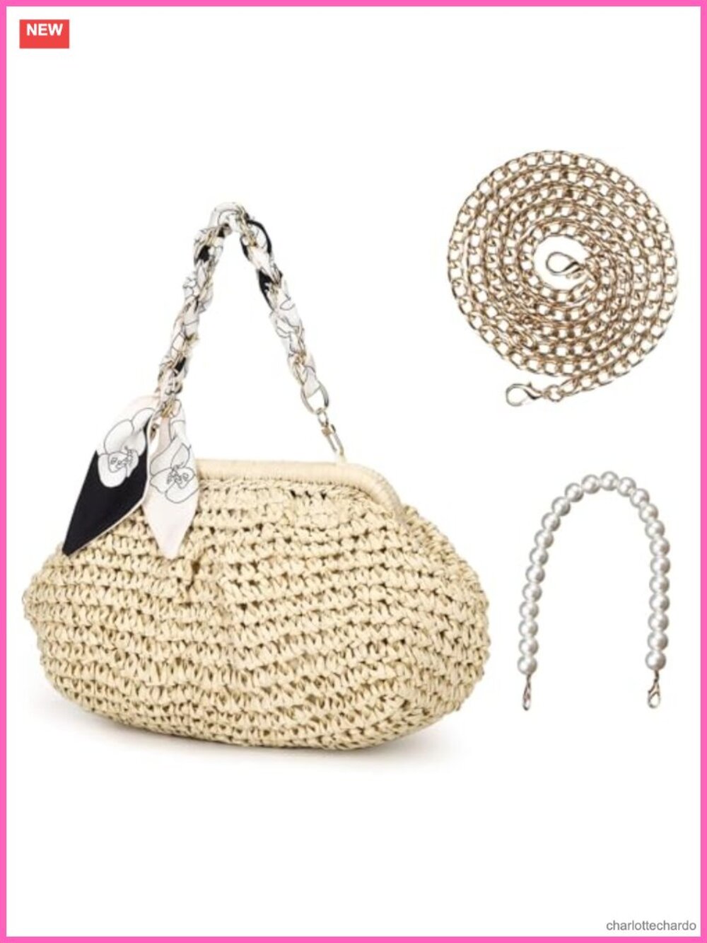 Natural Straw Clutch Crossbody Bag Purse Pearl Chain Shoulder Bag Summer